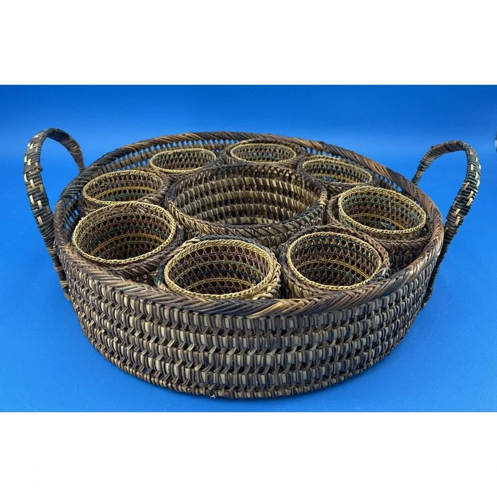 Vintage Wicket Grass Drink Tray Wicker Basket for Glasses Bohemian